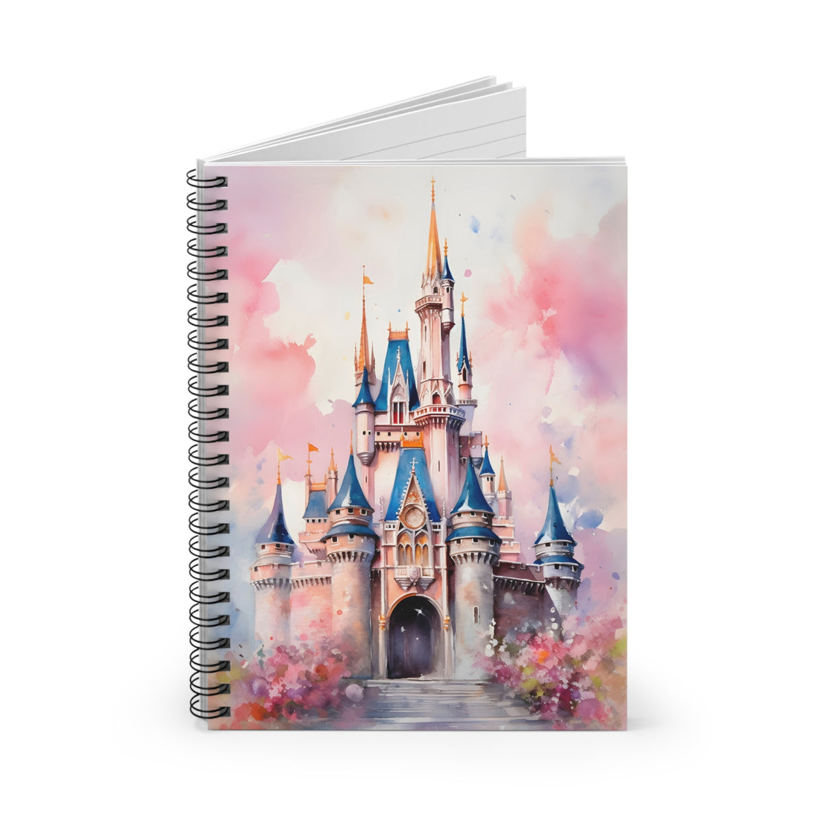 Notebook with a castle design on the cover against a white background