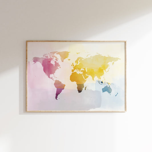 Framed world map art print on a white wall