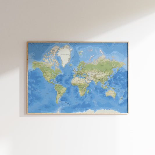 World map poster on a white wall