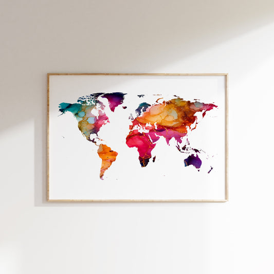 Colorful world map art print on a white wall