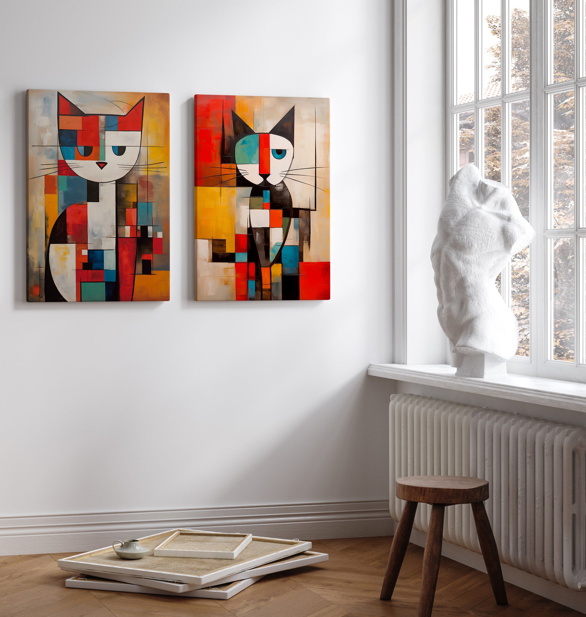 Various Mondrian Cat canvas wall art.
