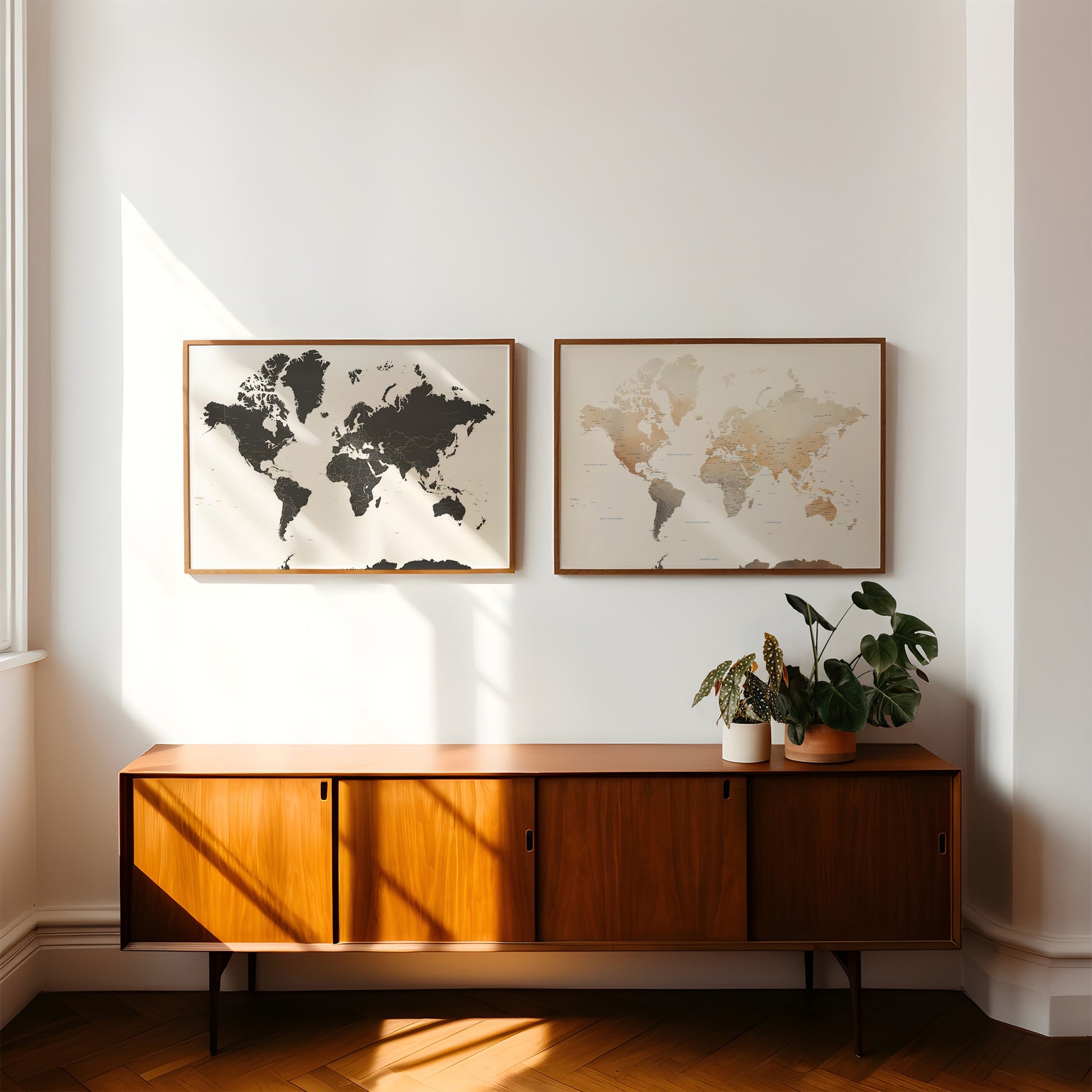 Wooden sideboard with world map art on a white wall