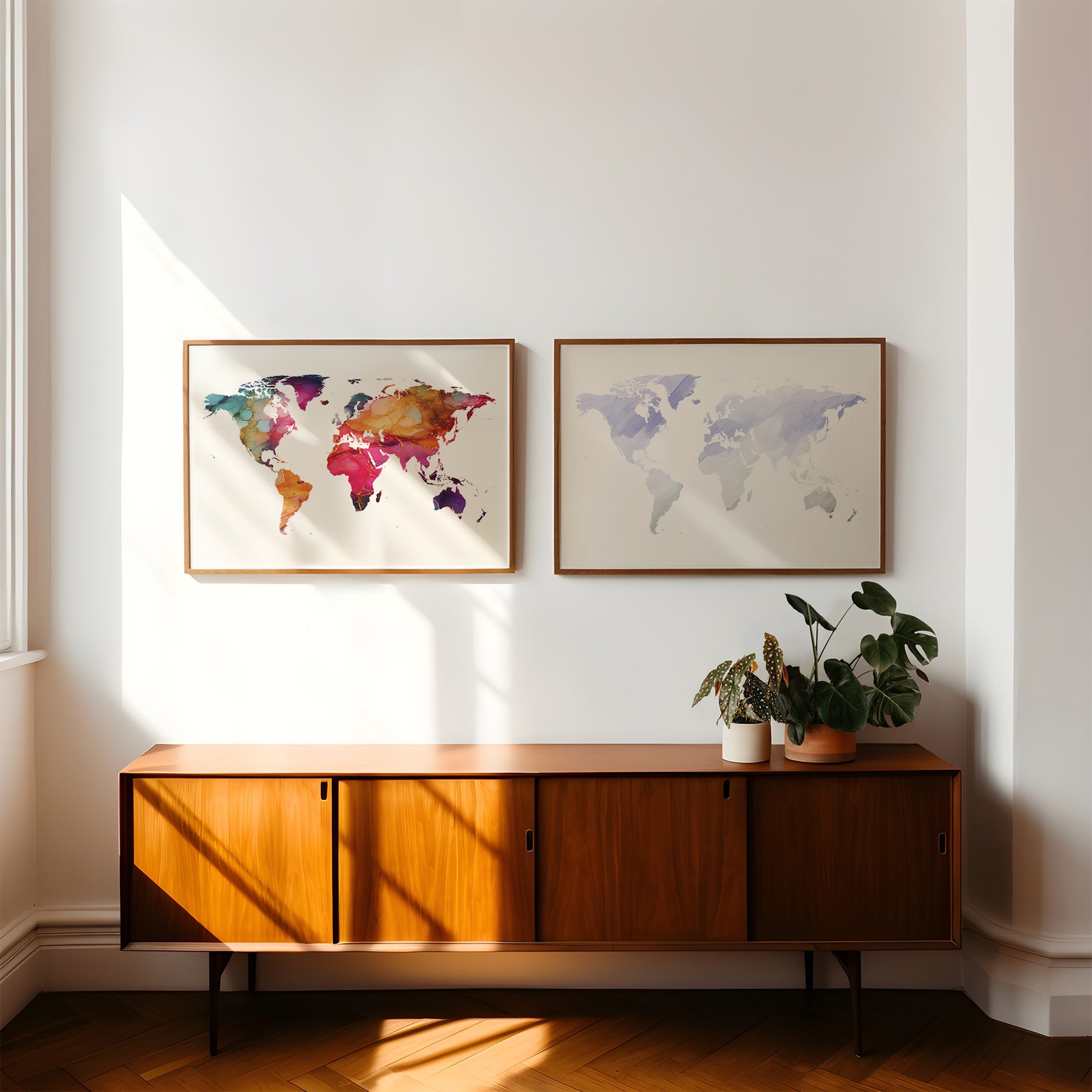 Wooden sideboard with world map art on a white wall