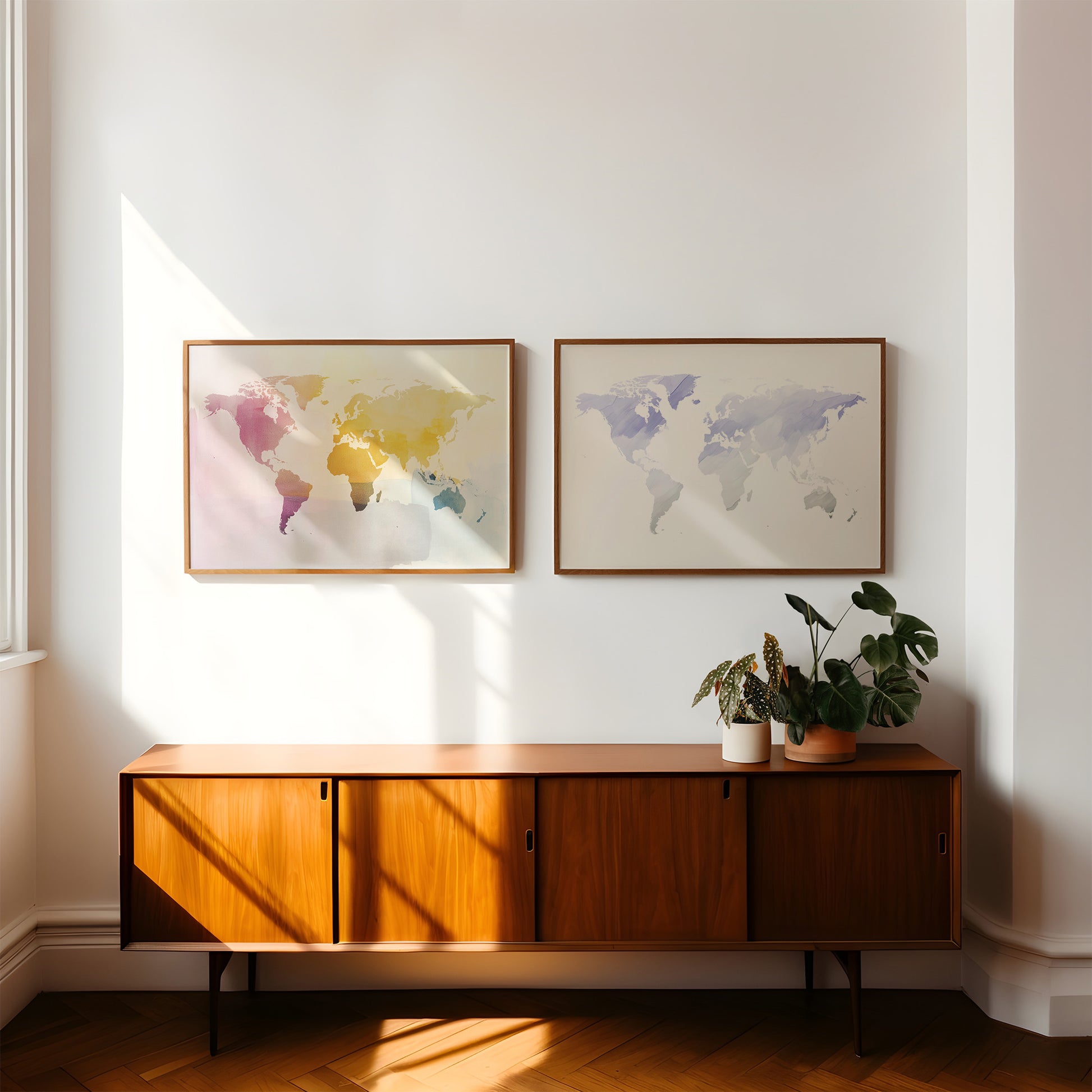 Wooden cabinet with world map art on a white wall