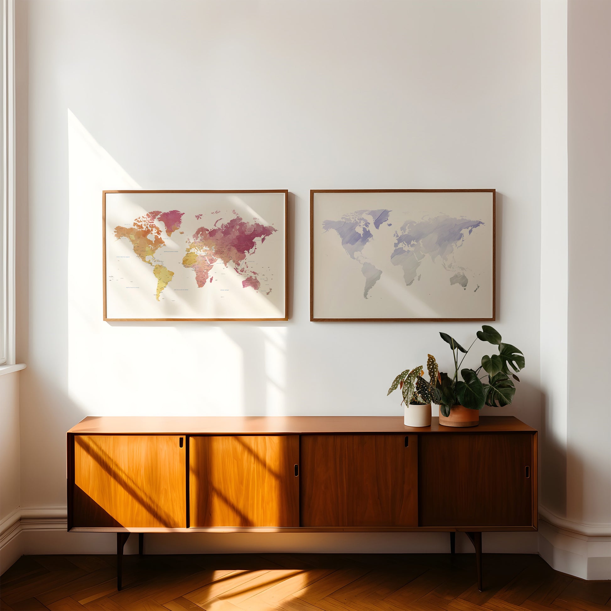 Wooden sideboard with world map art on a white wall