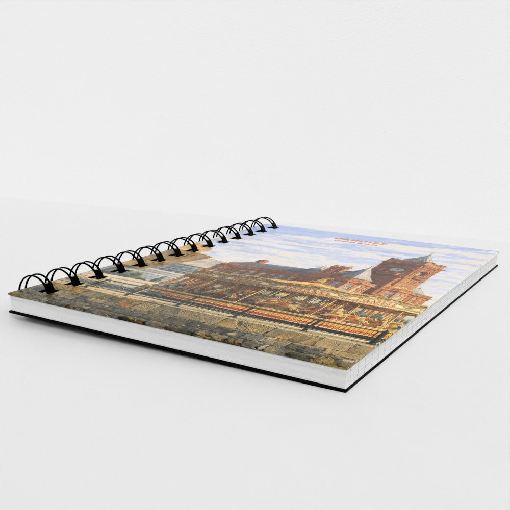 Spiral-bound notebook with a Cardiff Bay scenic cover on a white background