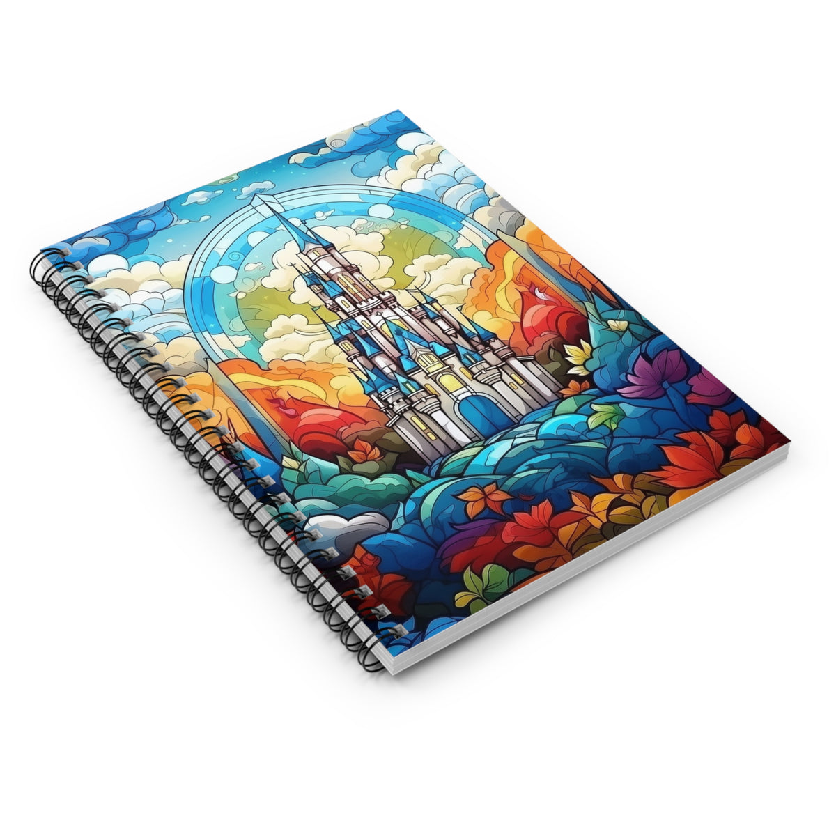 Colorful notebook with a castle design on a white background
