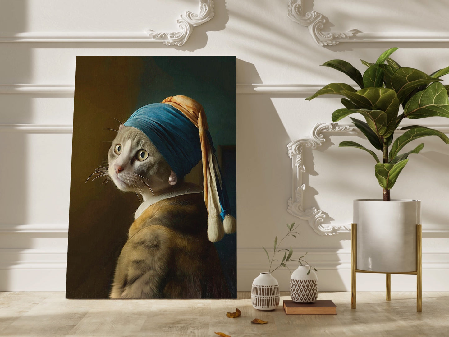 Grey cat with pearl earring canvas wall art.