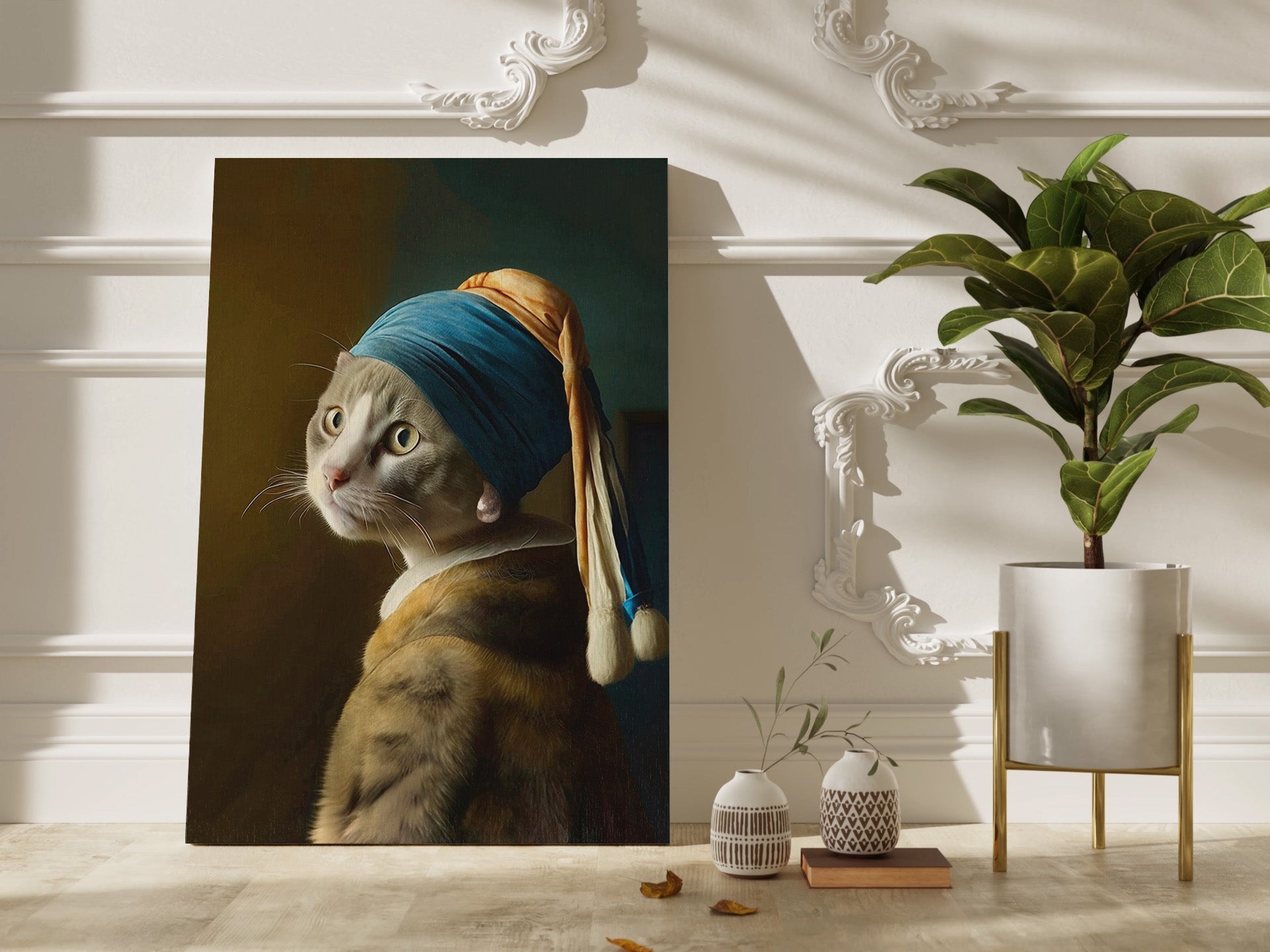 Grey cat with pearl earring canvas wall art.