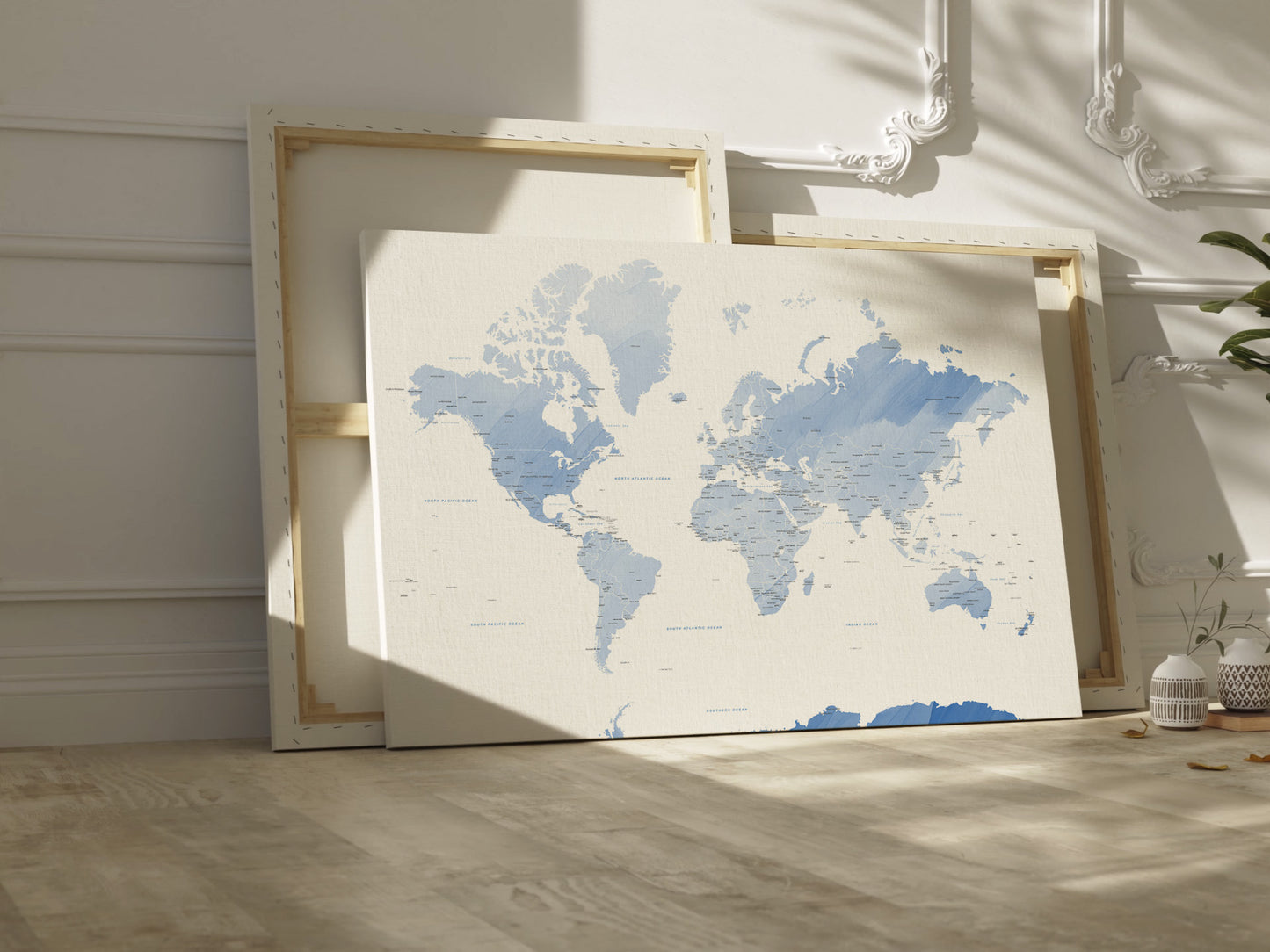 Blue watercolour world map canvas wall art.
