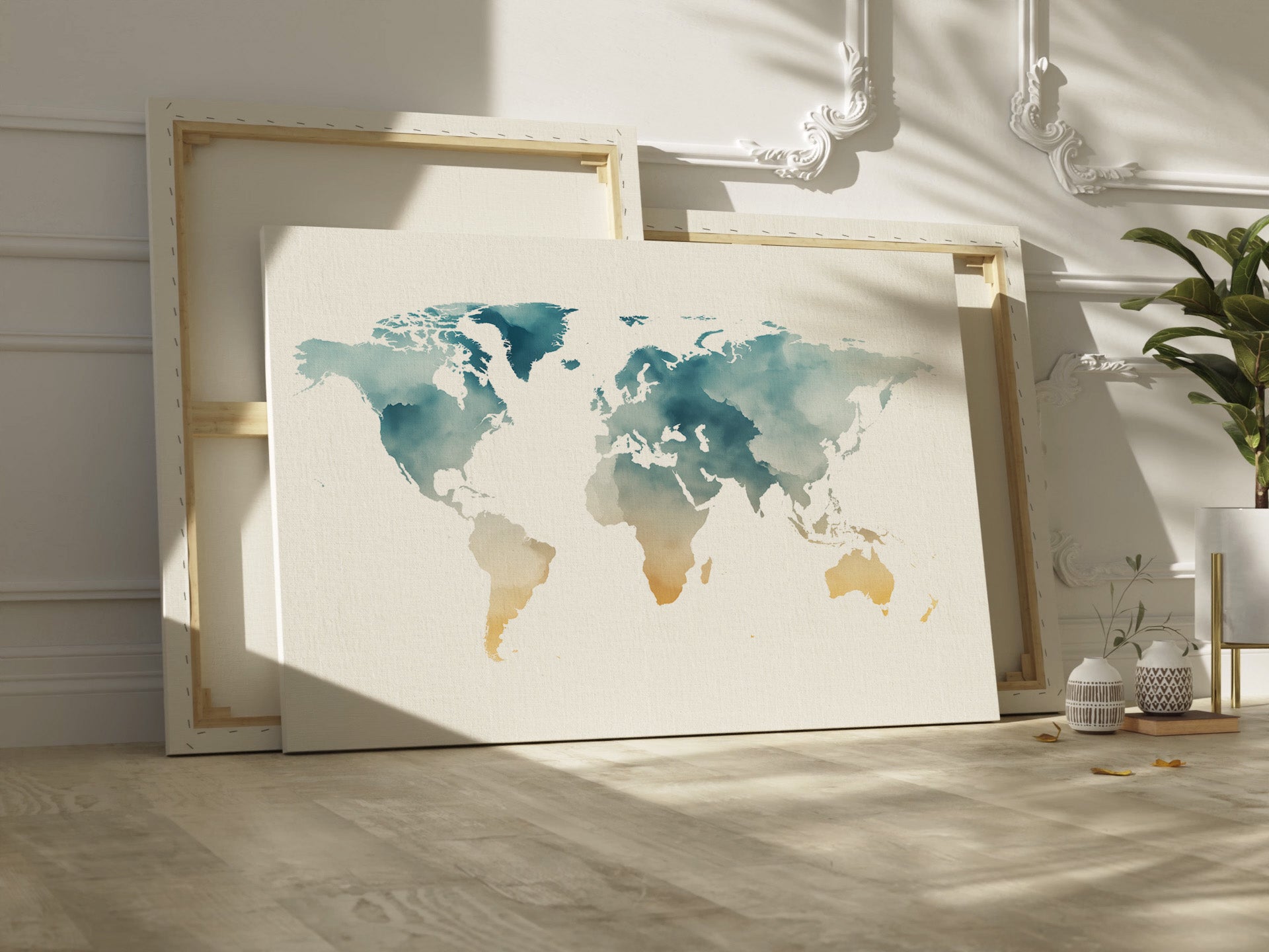 World map artwork in a canvas frame on a wall with decorative elements.