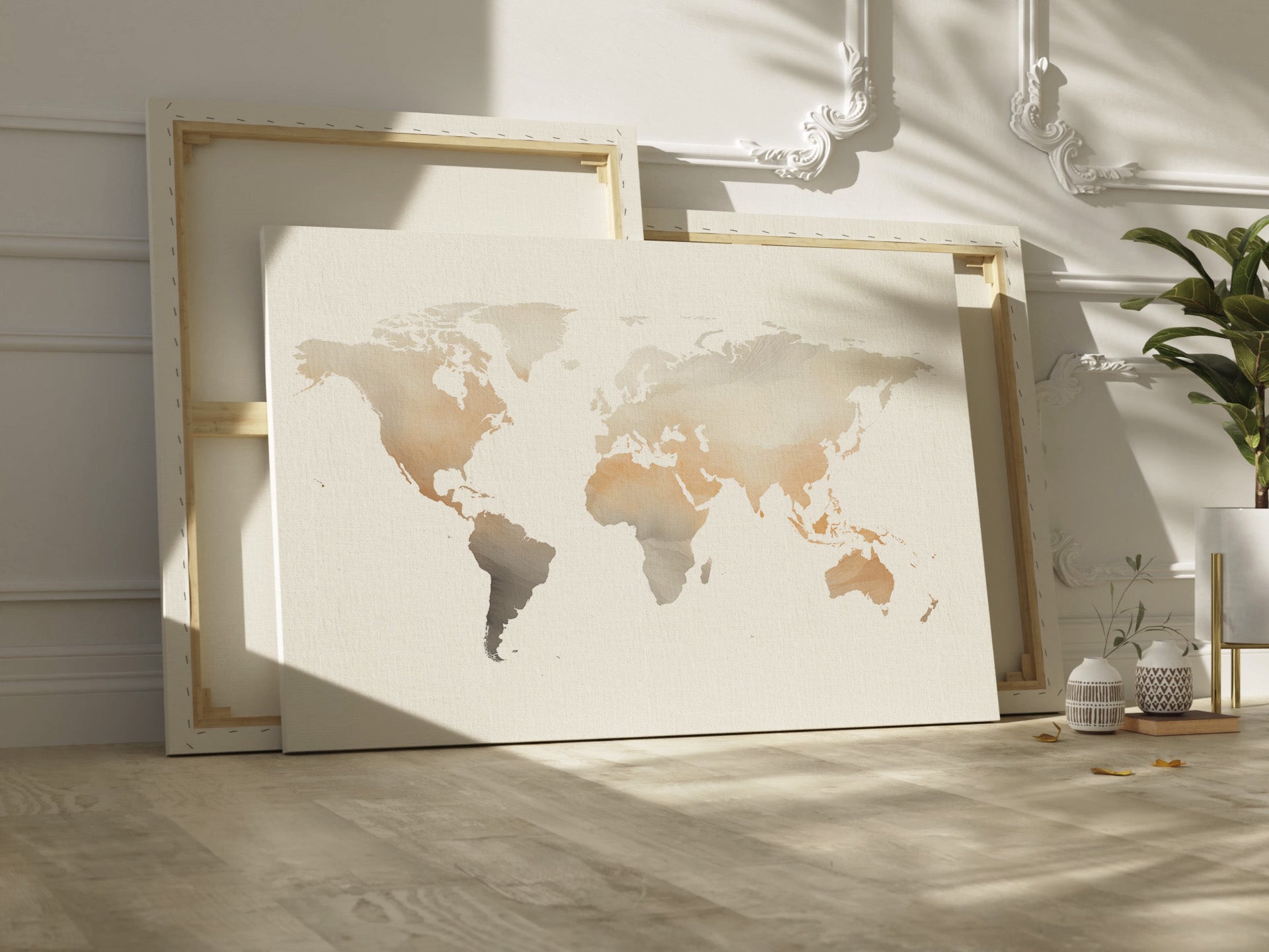 World map canvas on a wall with a plant and decorative items in the background.