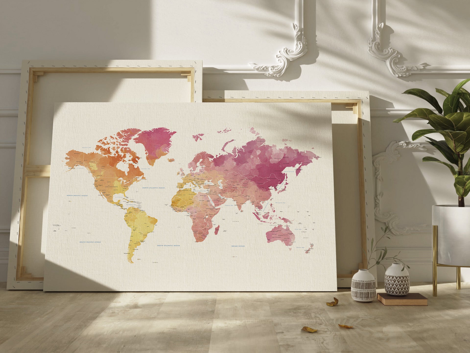 World map canvas on a light-colored wall.