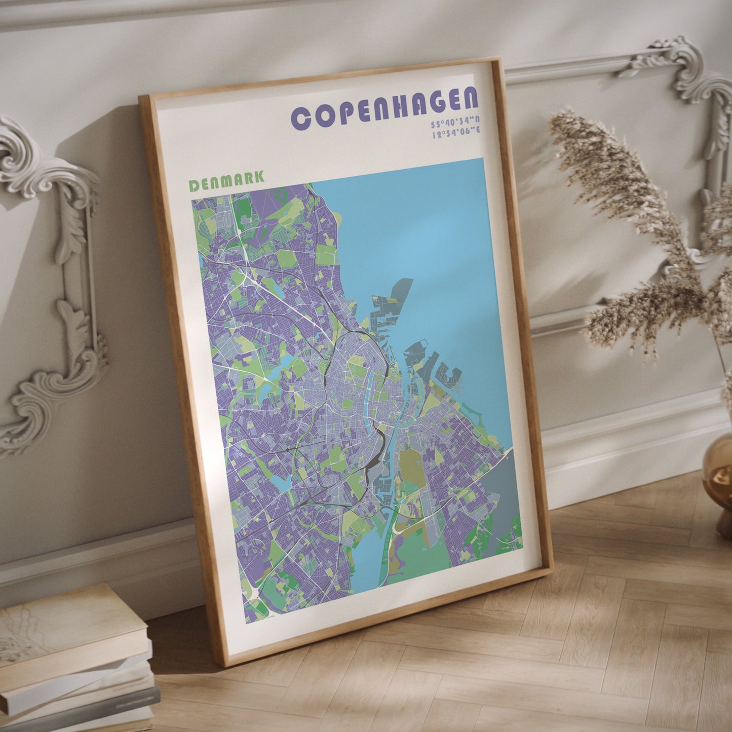 Copenhaguen map poster in a wood frame.