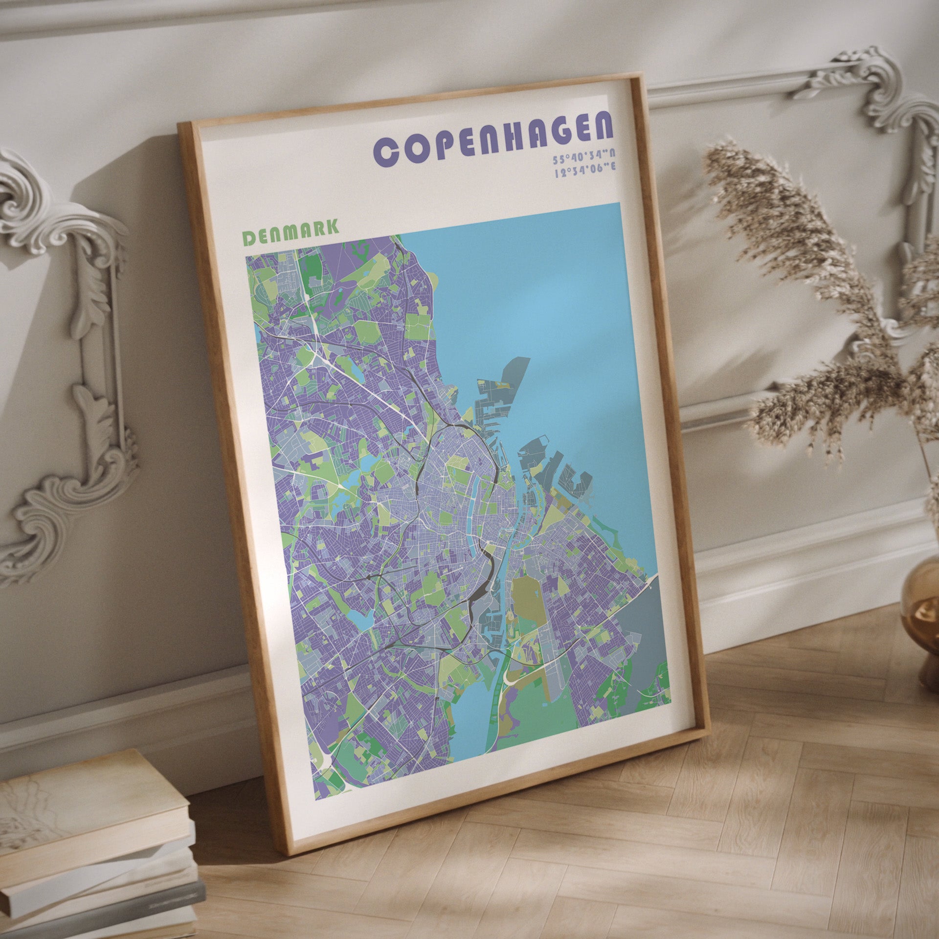 Copenhaguen map poster in a wood frame.