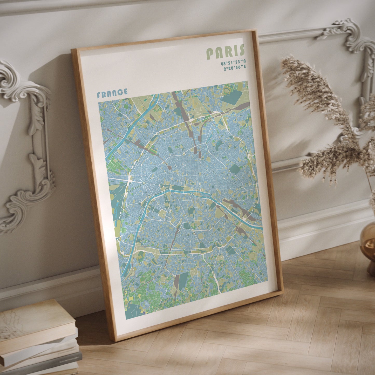 Paris travel map poster in a wood frame.
