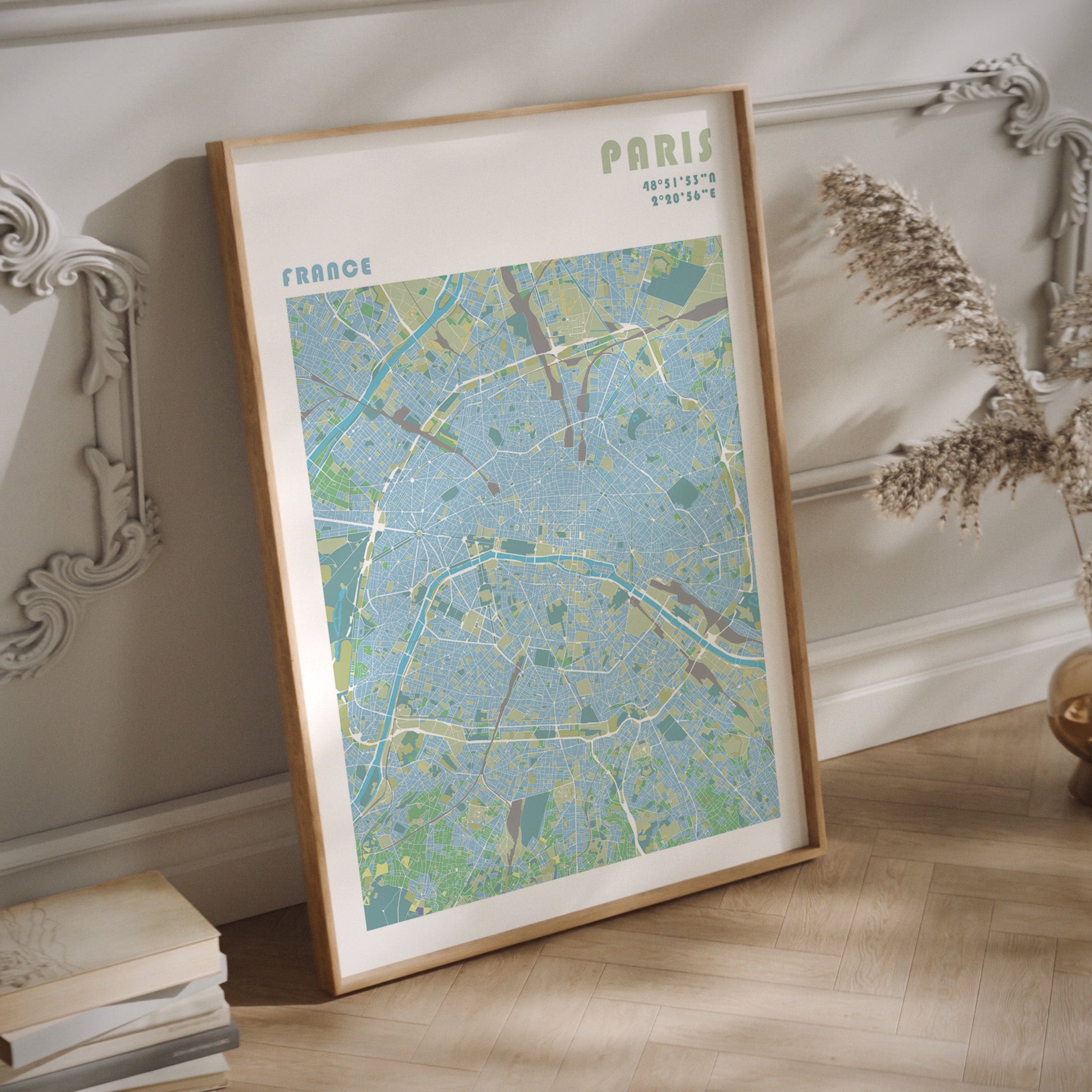 Paris travel map poster in a wood frame.