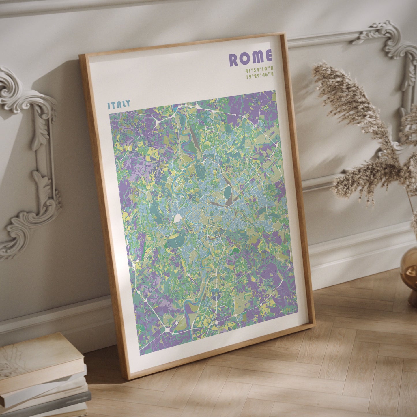 Rome travel map poster in a wood oak frame.