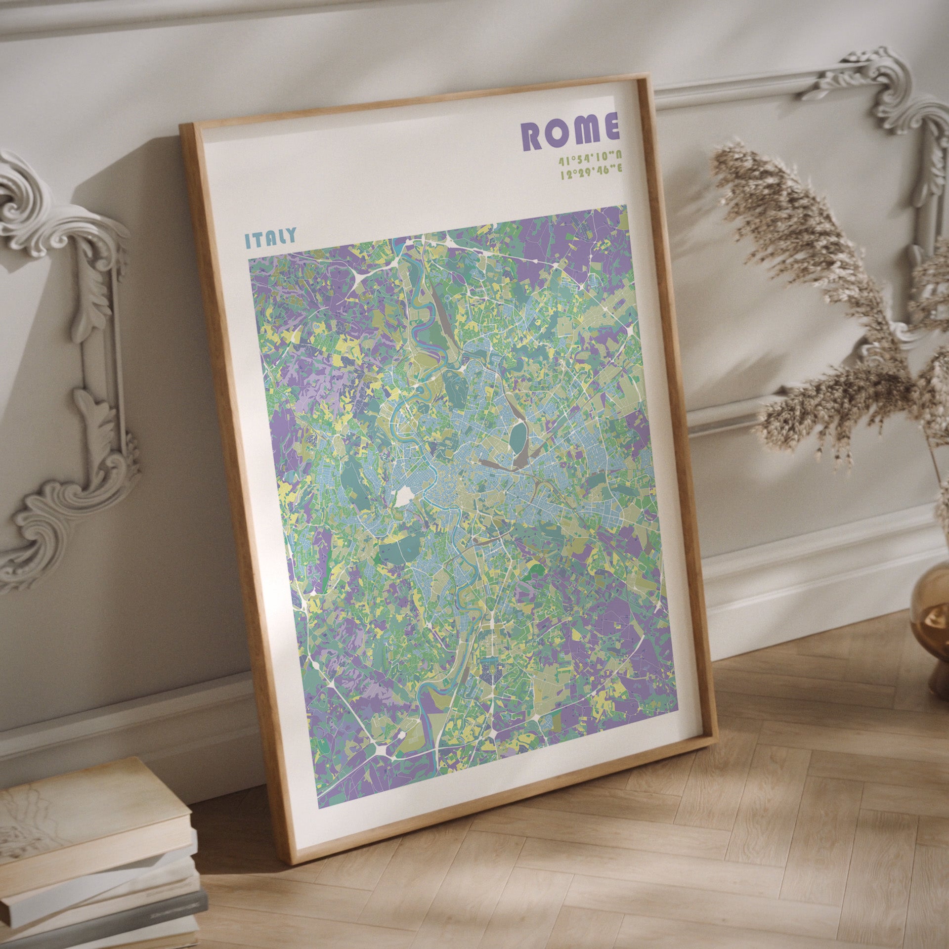 Rome travel map poster in a wood oak frame.
