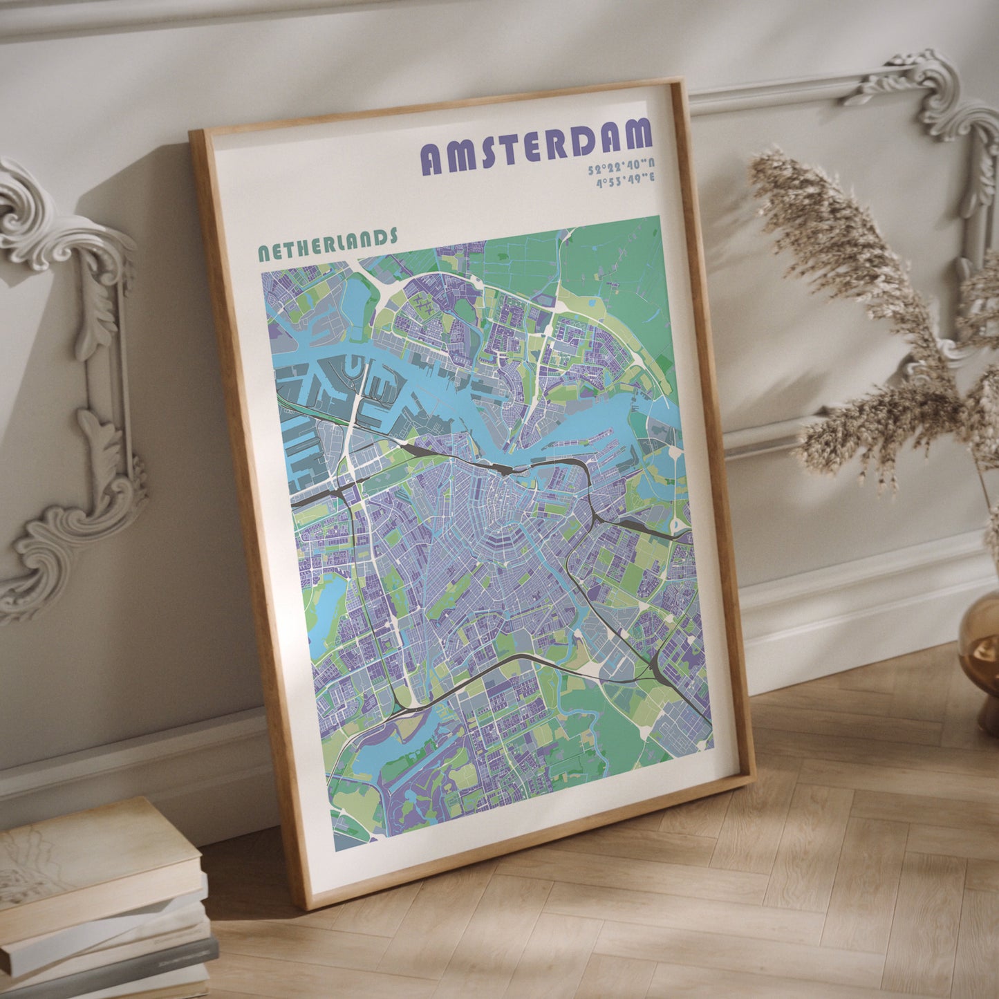 Amsterdam travel map art in a wood frame.