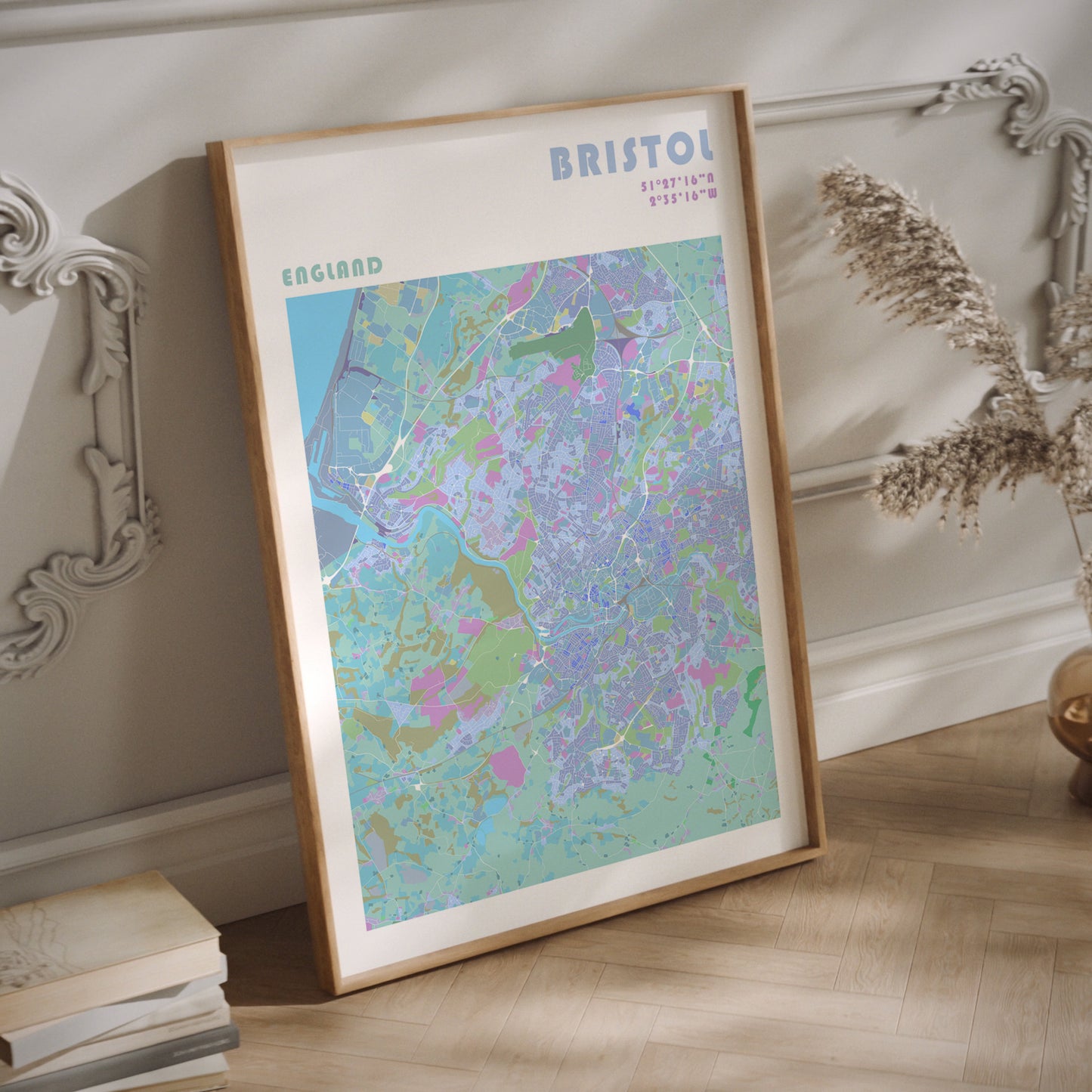 Bristol travel map poster in a natural wood frame.