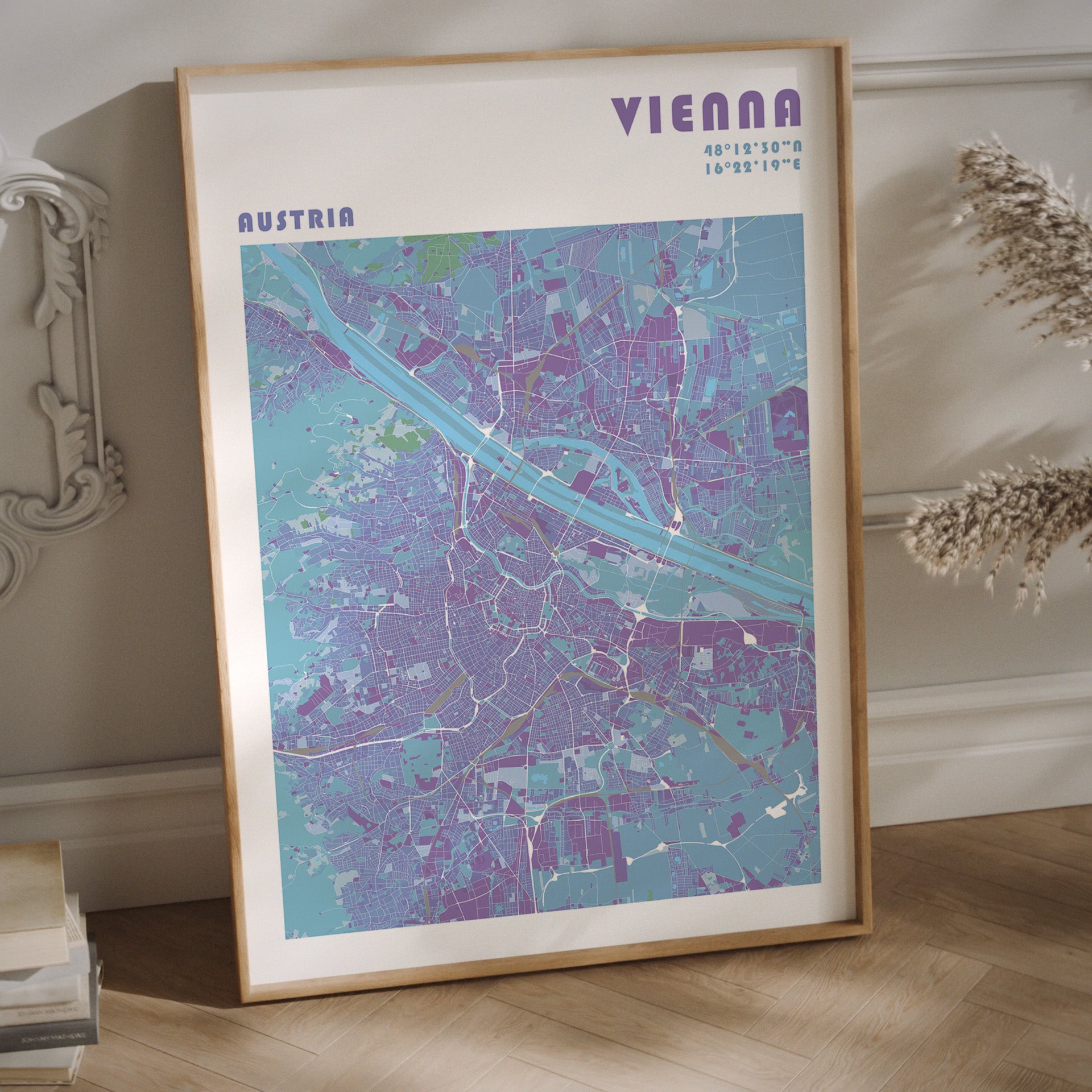 Vienna city map print in a wood frame.