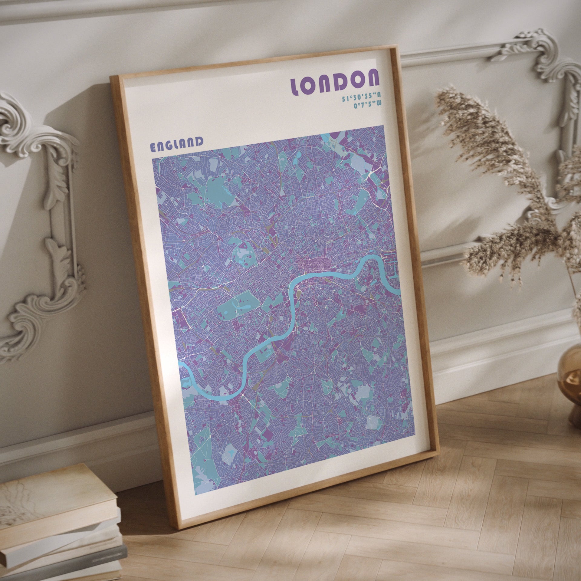 London city map print in a wood frame.