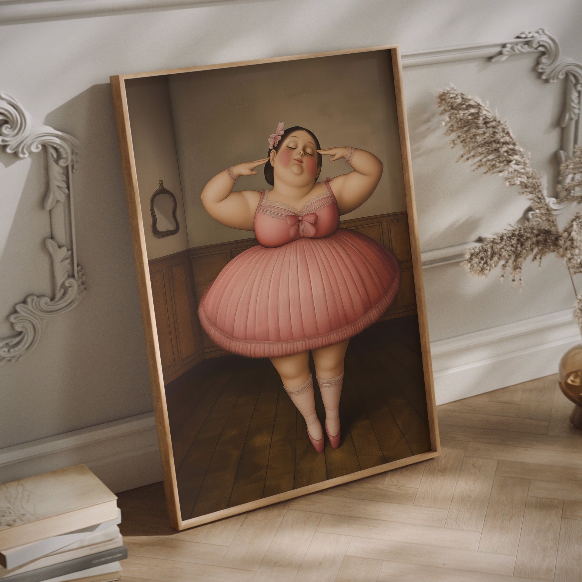 Botero ballerina wall art print in a natural wood frame.