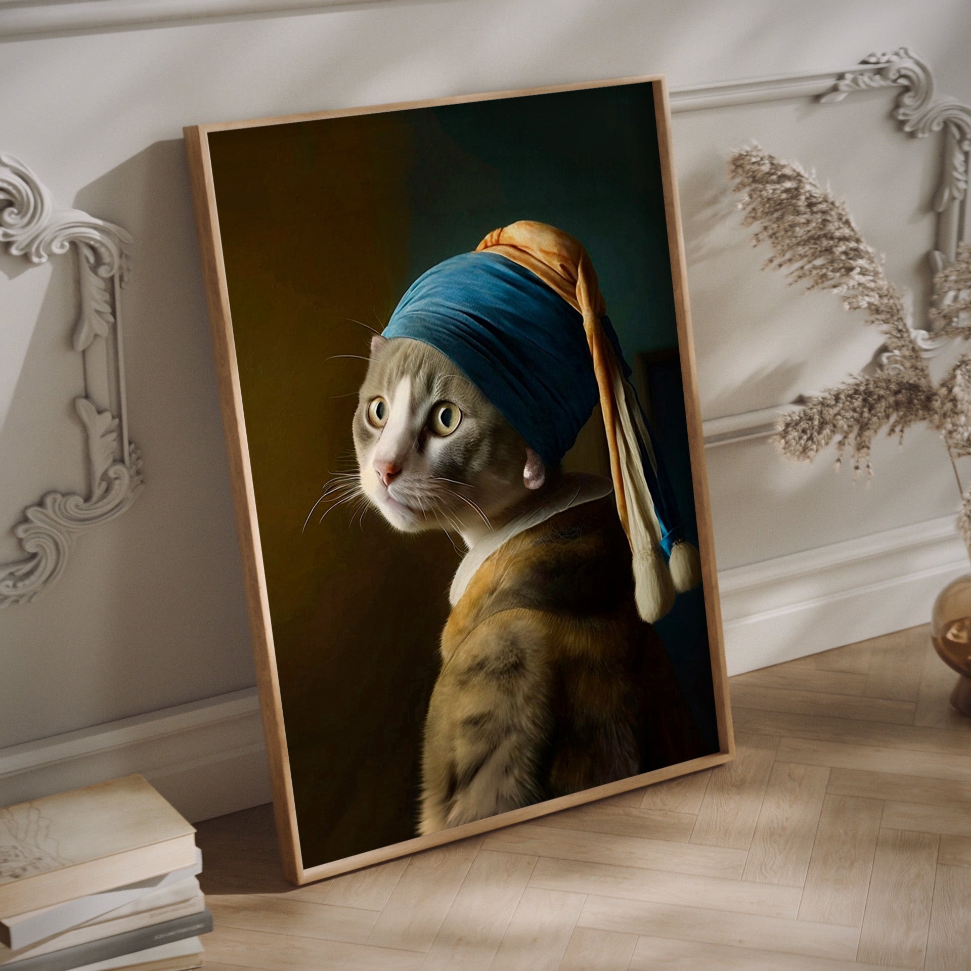 Grey cat with pearl earring wall art in a wood frame.