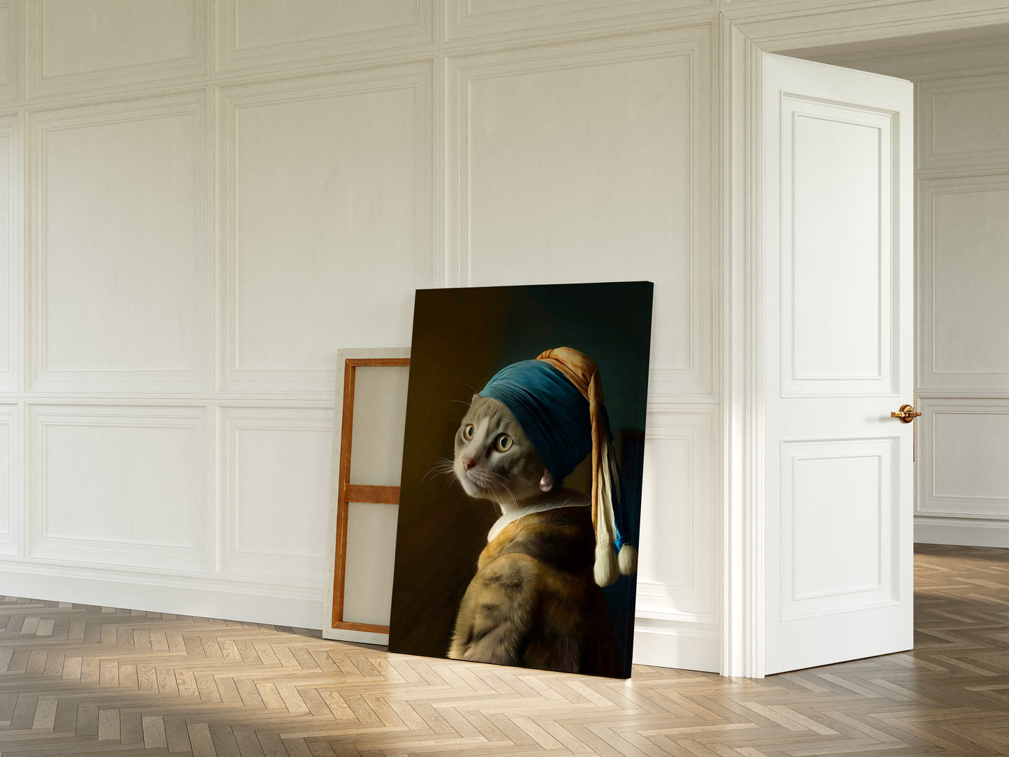 Grey cat with pearl earring large canvas wall art.