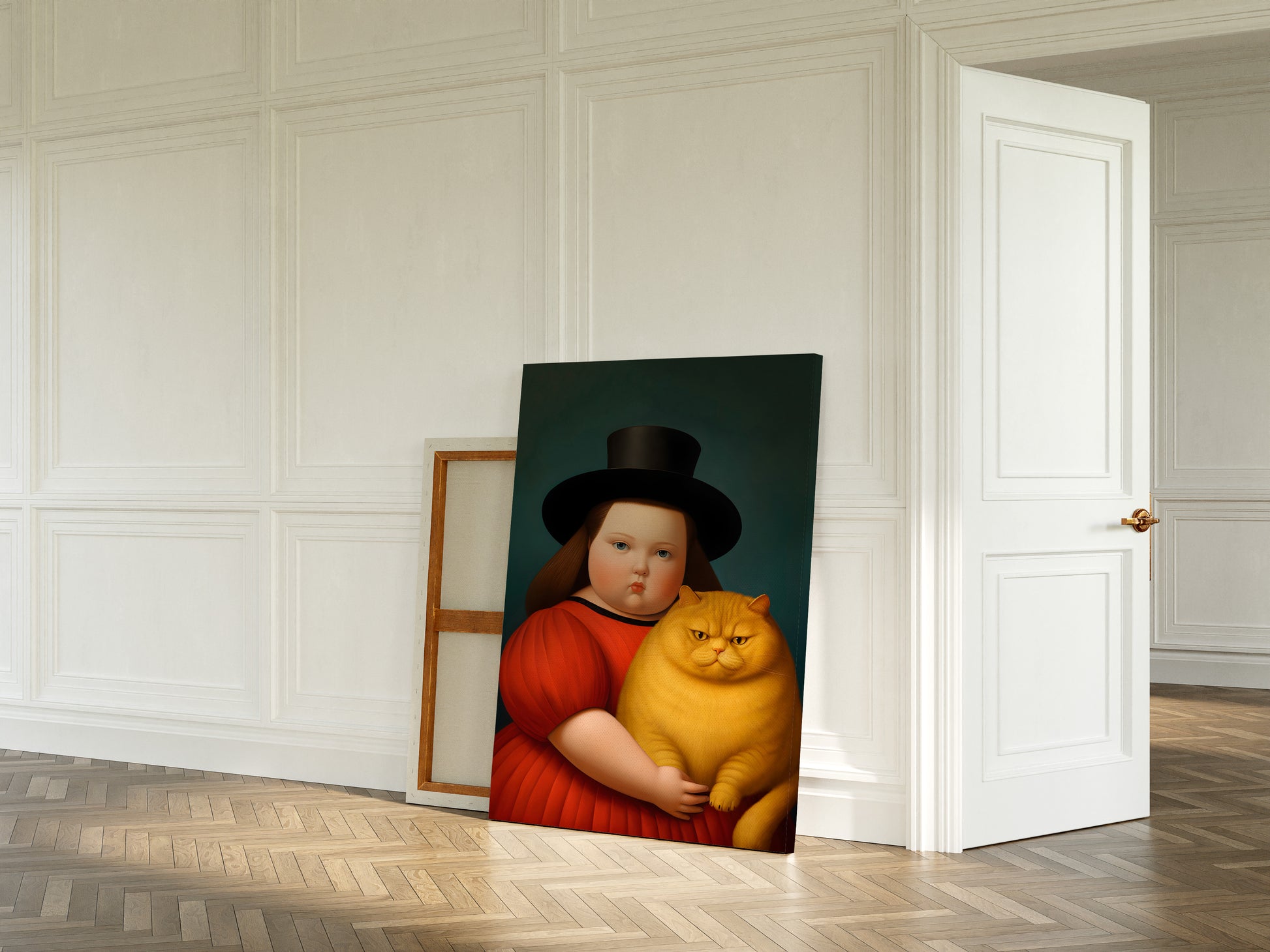 Botero portrait of a Girl with Cat large canvas wall art.