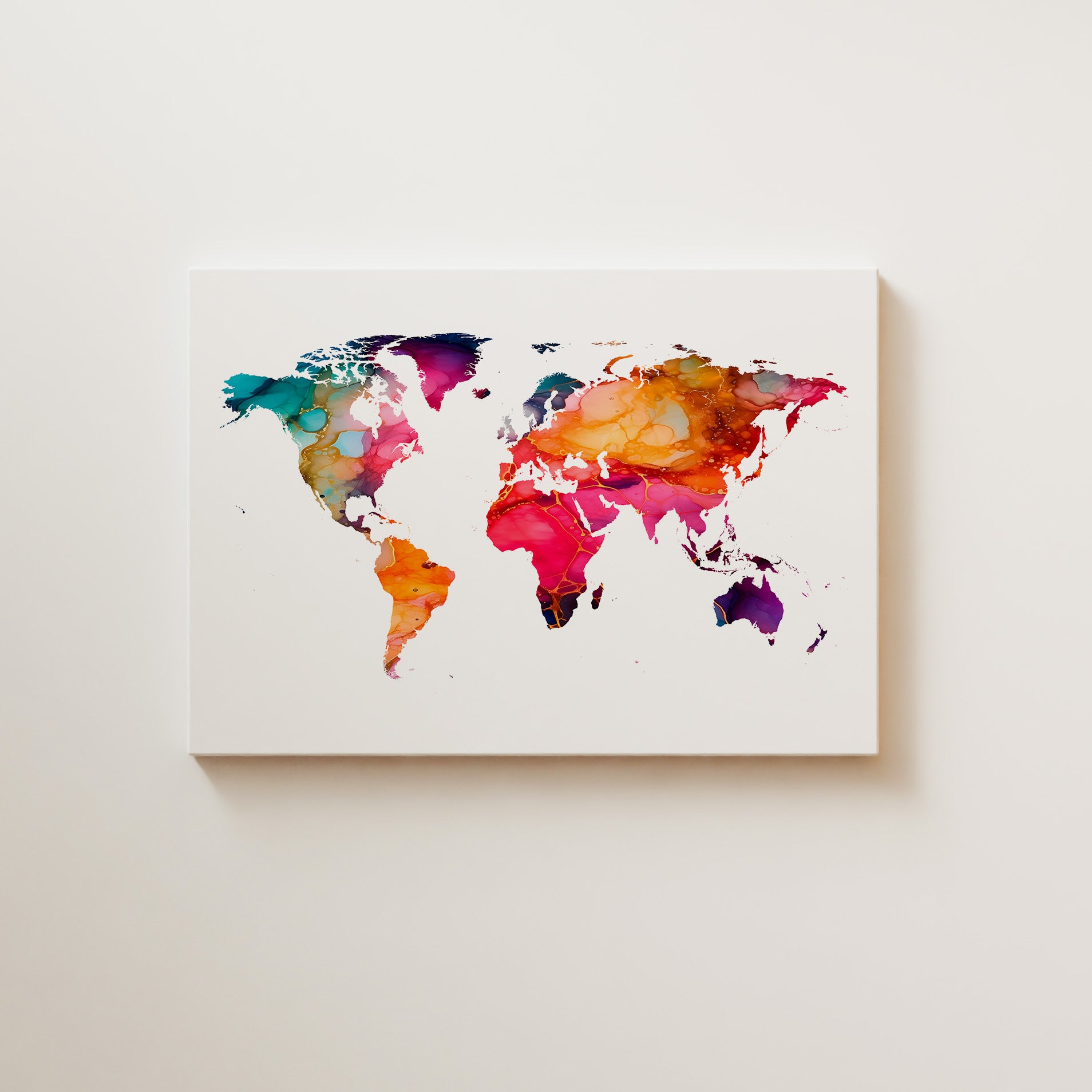 Colorful world map canvas on a white wall