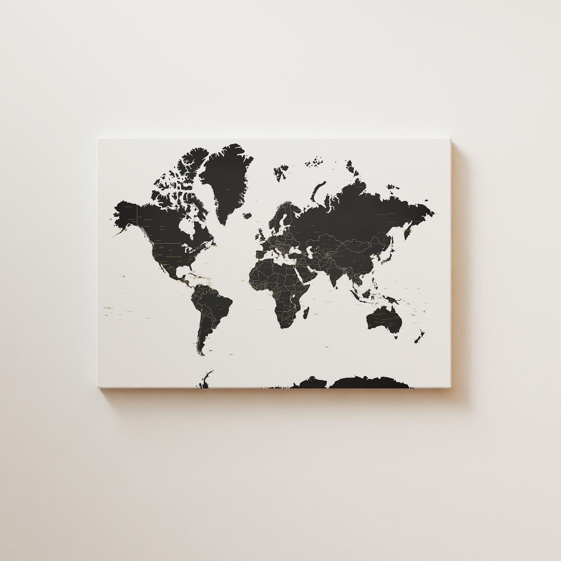 World map canvas print on a light beige wall