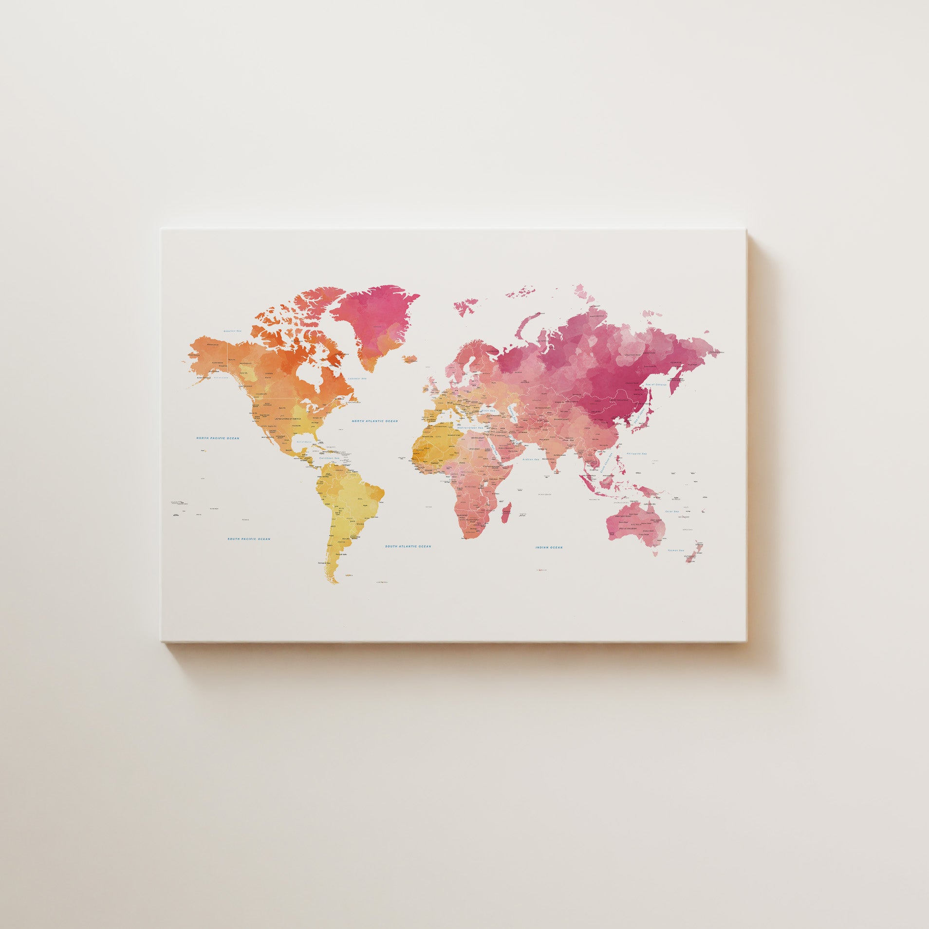World map canvas with watercolor design on a white background