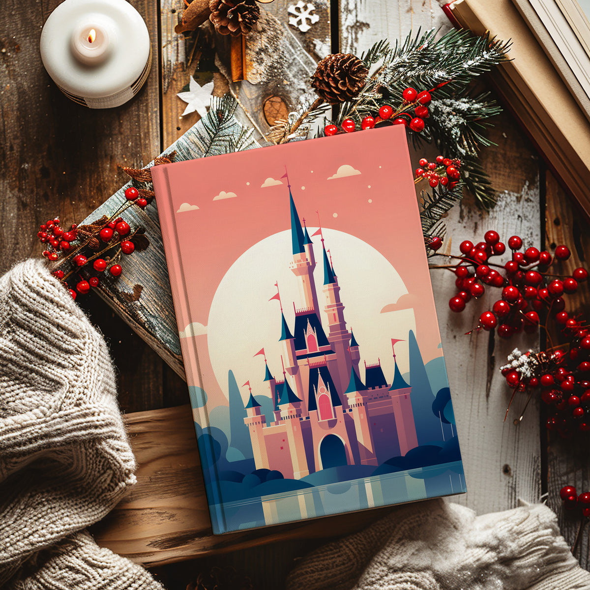 Notebook with castle design surrounded by Christmas decorations on a wooden surface