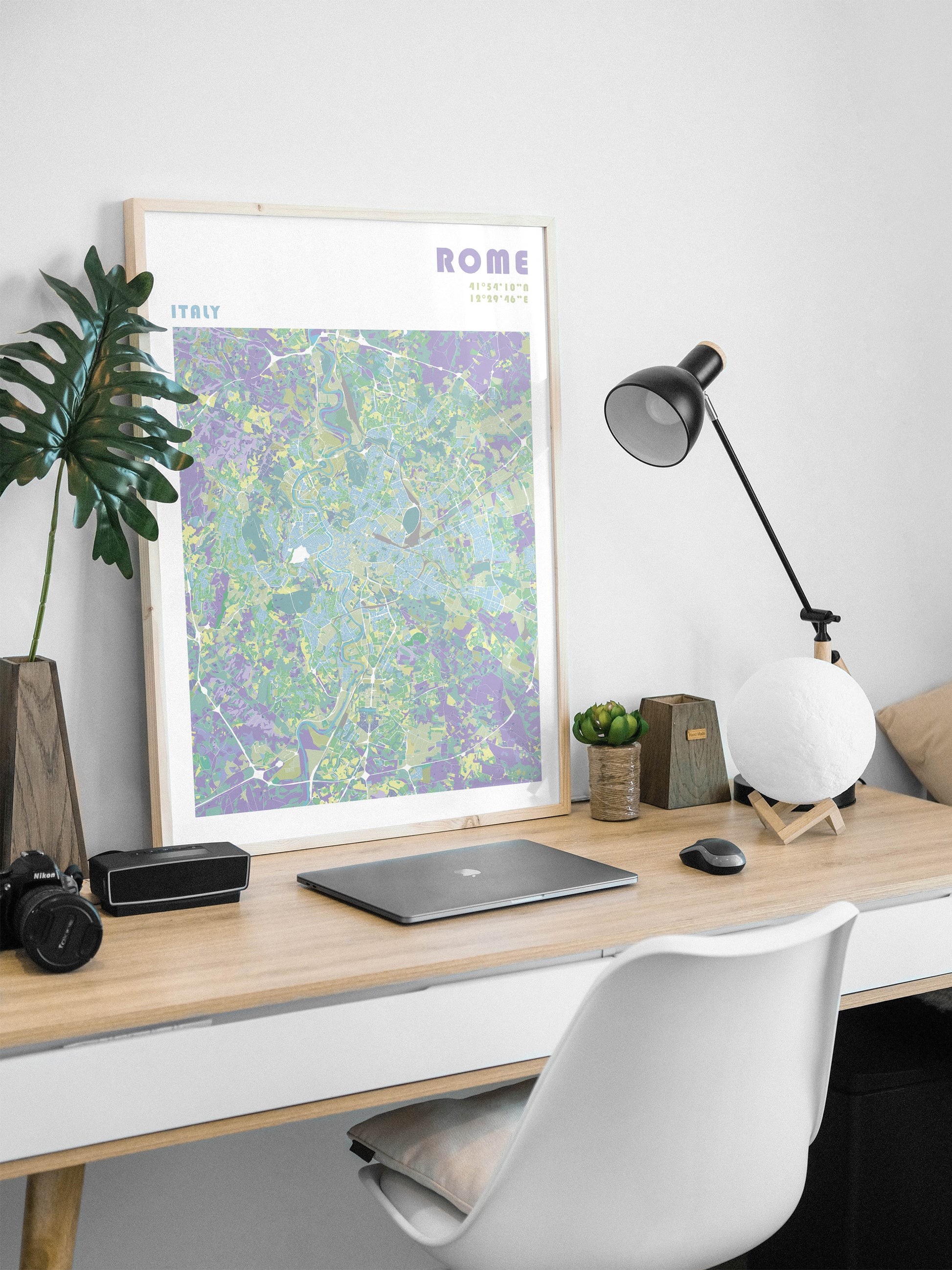 Rome travel map poster in a natural wood frame.
