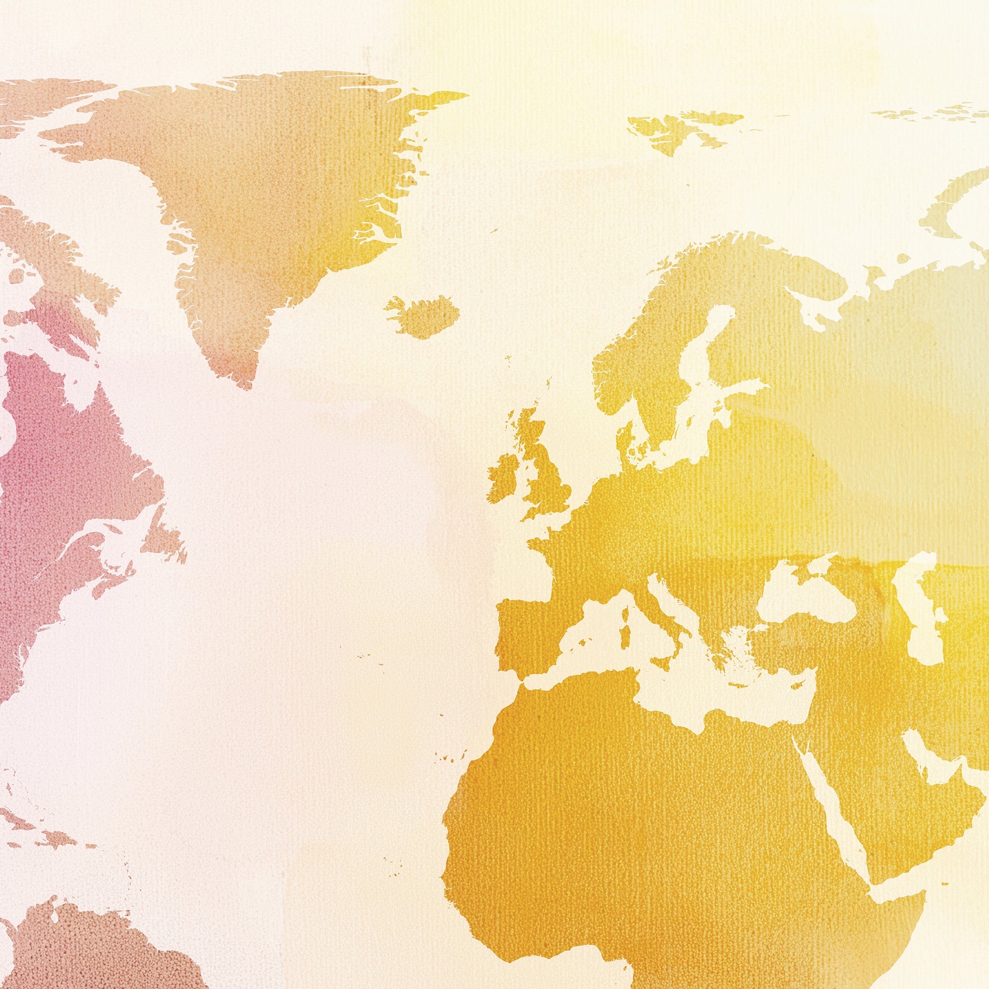 World map with a watercolor design in pink, yellow, and white.