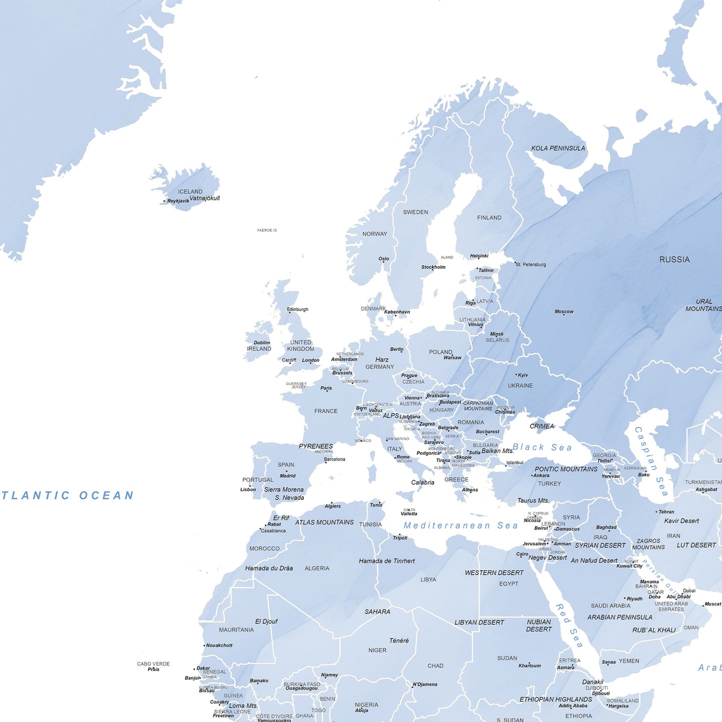 Detail of the blue watercolour world map wall art.