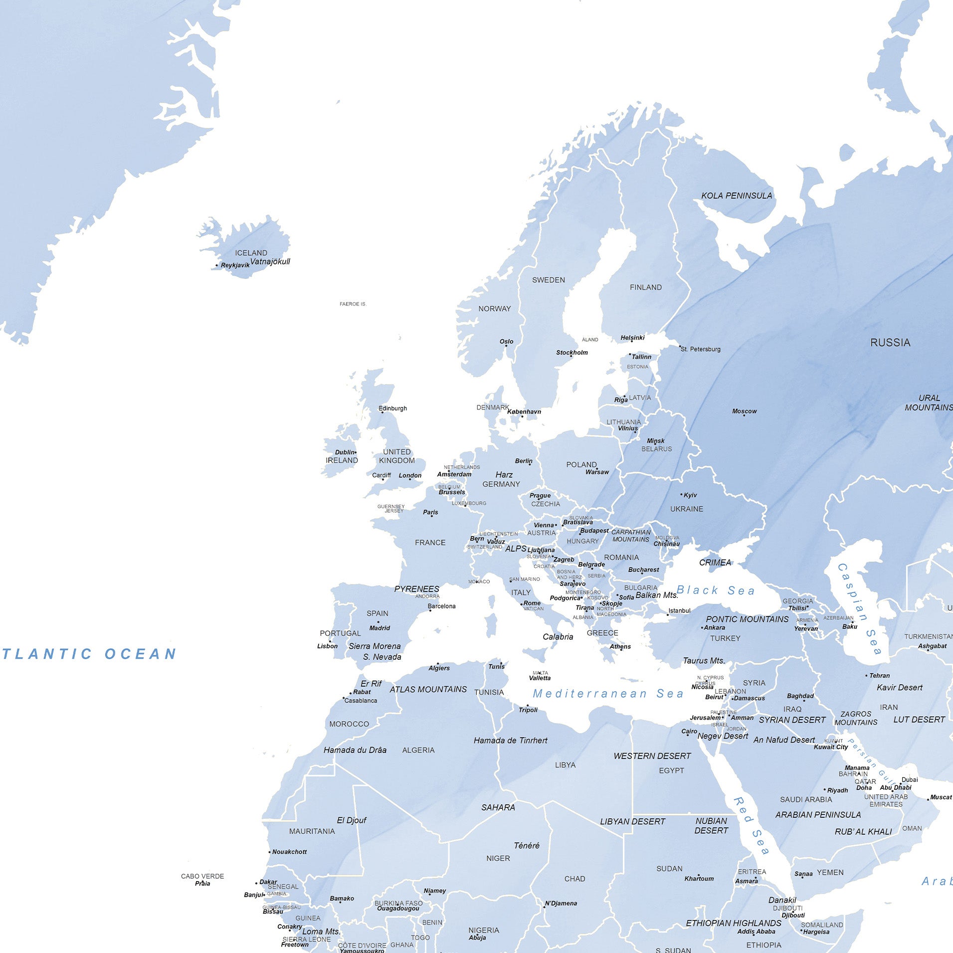 Detail of the blue watercolour world map wall art.