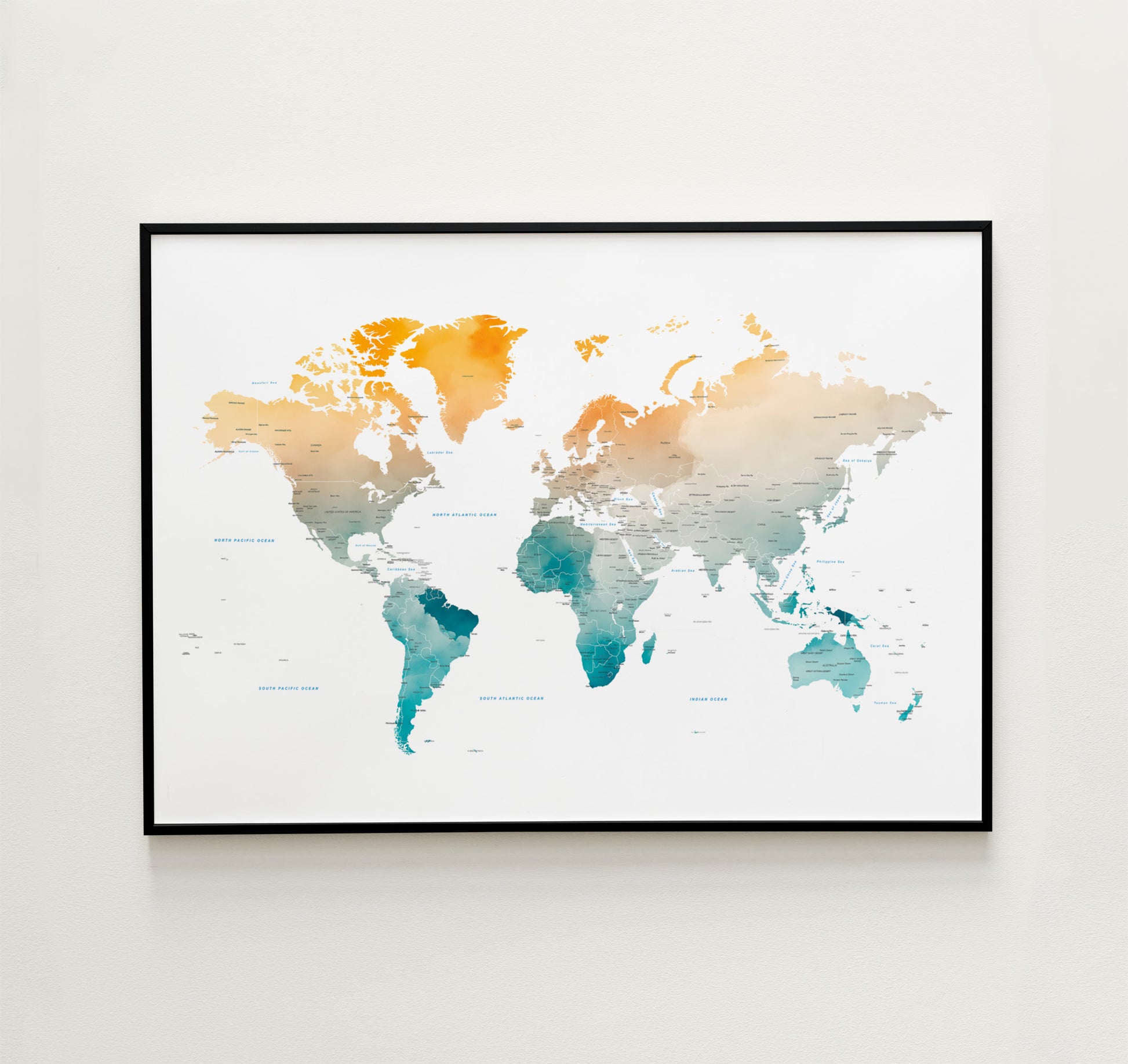 Watercolor World map print in beautiful tones.