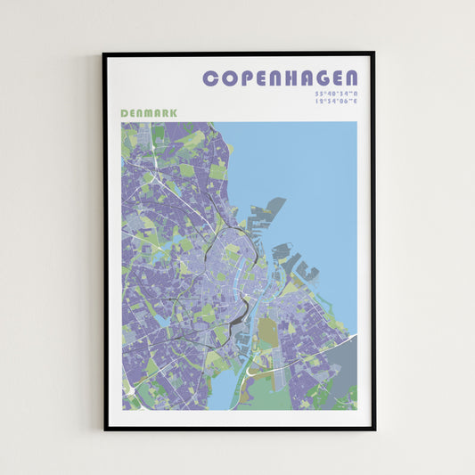 Copenhaguen travel map poster in a black frame.