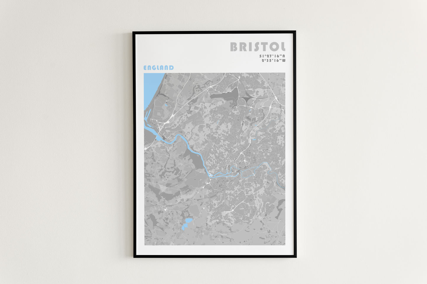 Bristol travel map poster in a black metal frame.