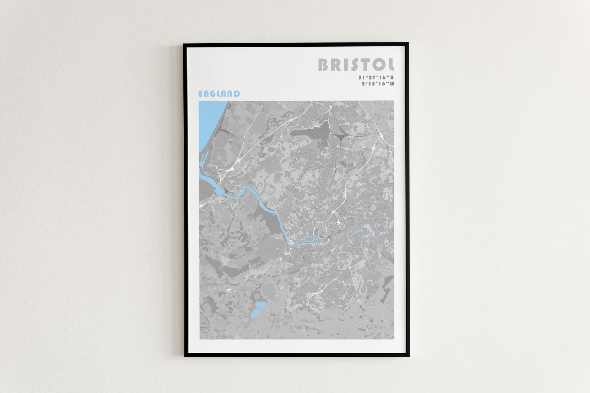 Bristol travel map poster in a black metal frame.