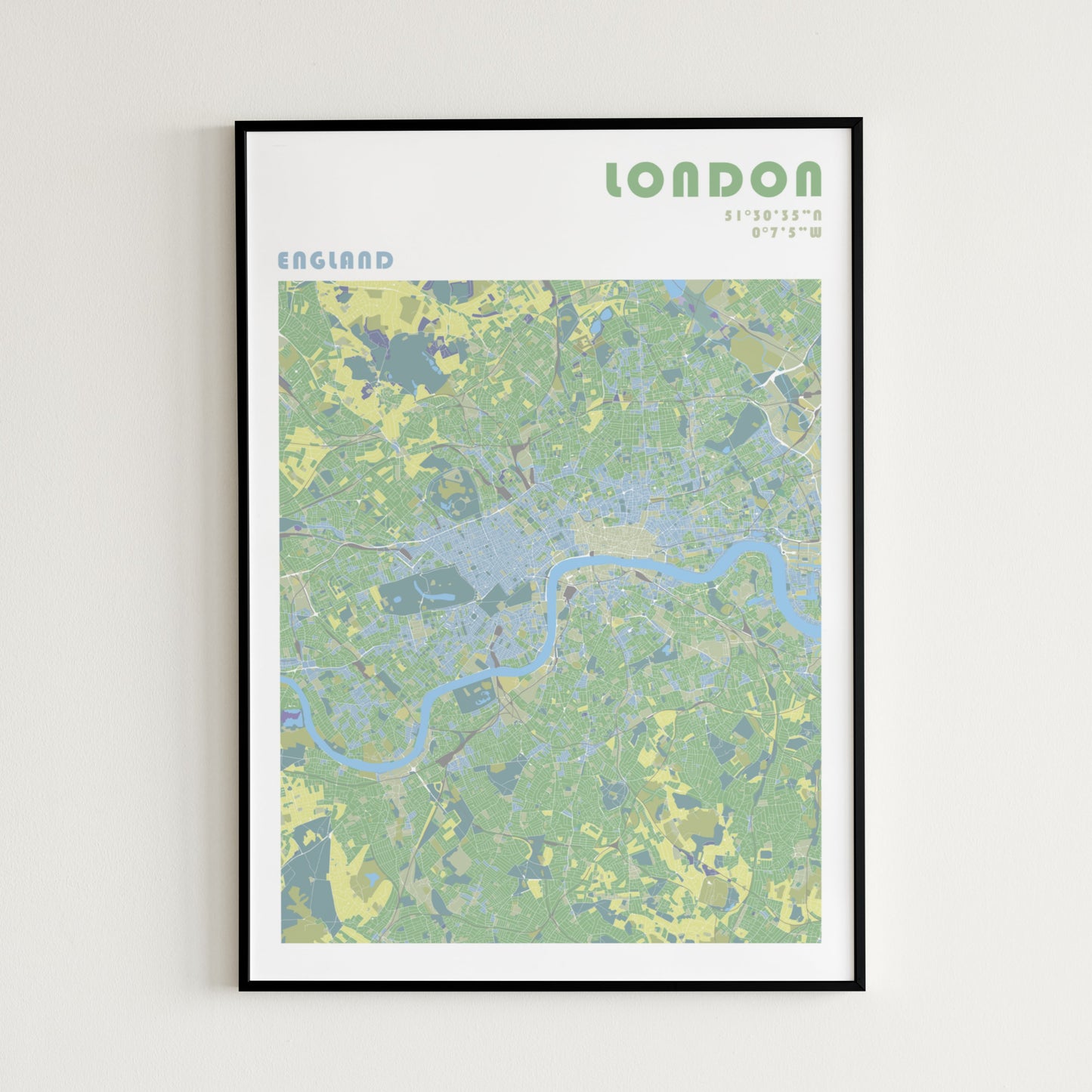 London travel map poster in a black metal frame.