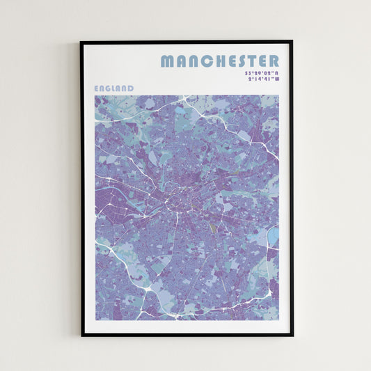 Manchester travel map poster in a black frame.