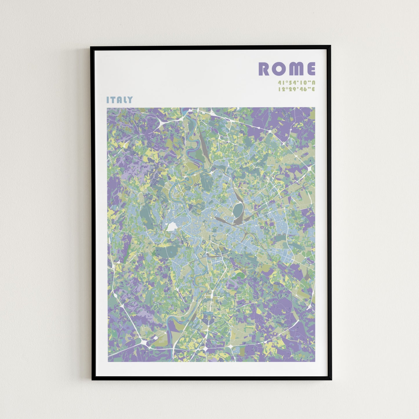 Rome travel map poster in a black frame.