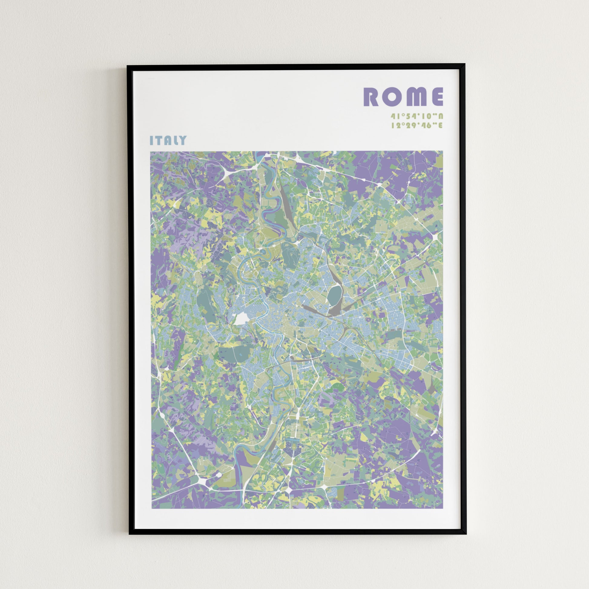 Rome travel map poster in a black frame.
