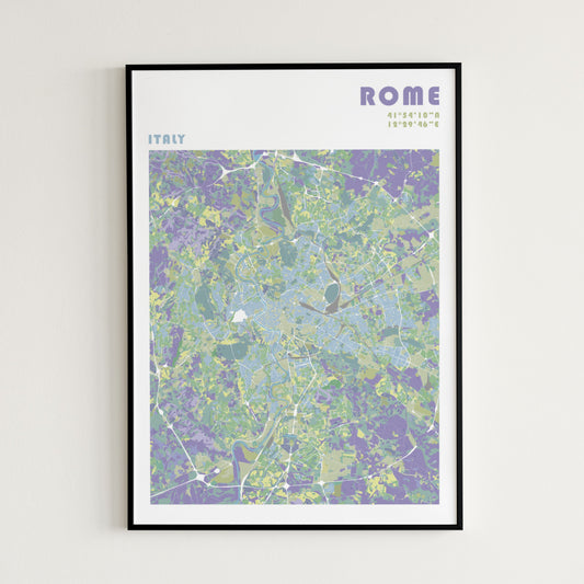 Rome travel map poster in a black frame.