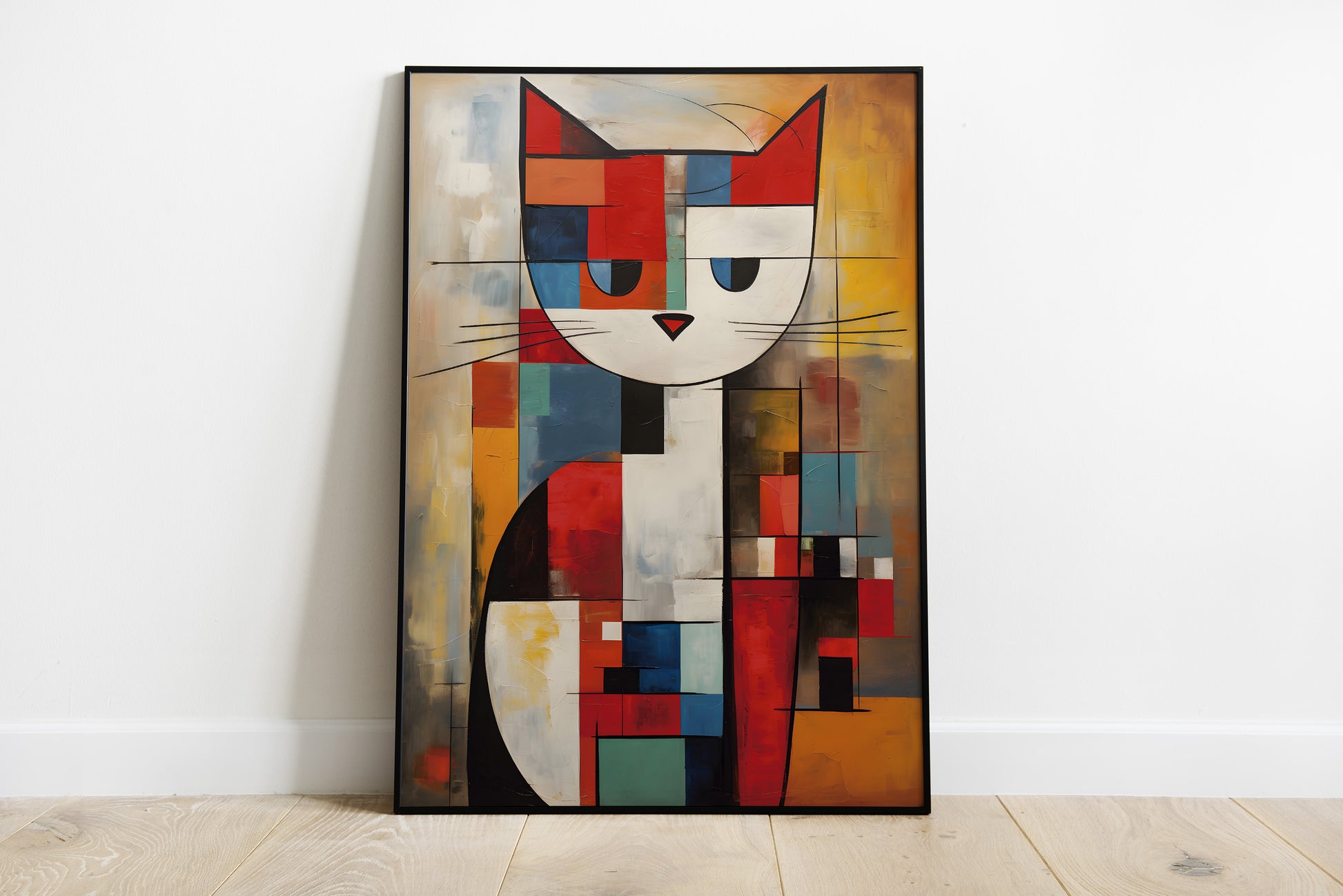 Mondrian Cat wall art in a black metal frame.