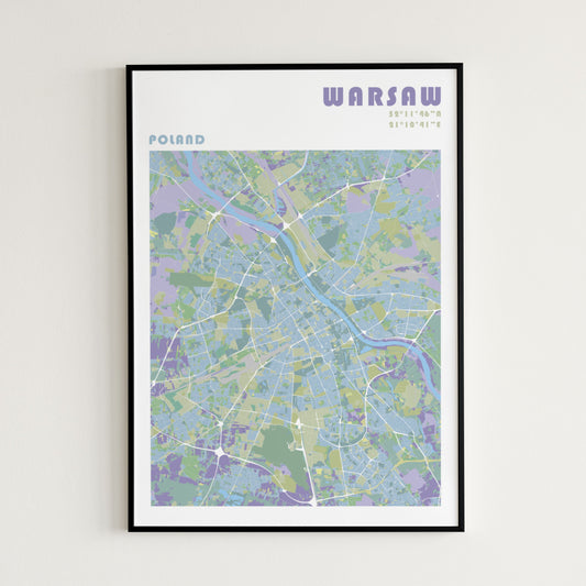 Warsaw travel map poster.